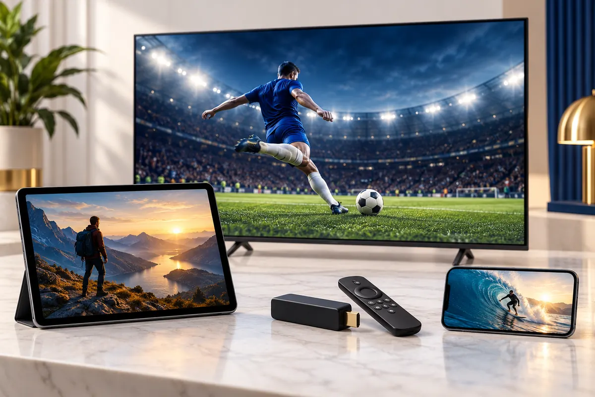 IPTV UK compatible devices including Smart TV, streaming stick, tablet and phone