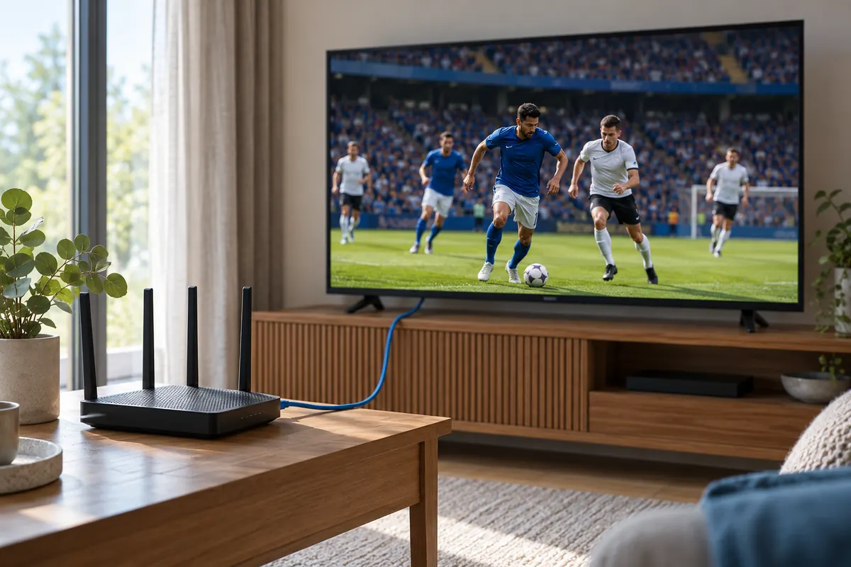 IPTV UK home broadband router connected to a television showing football